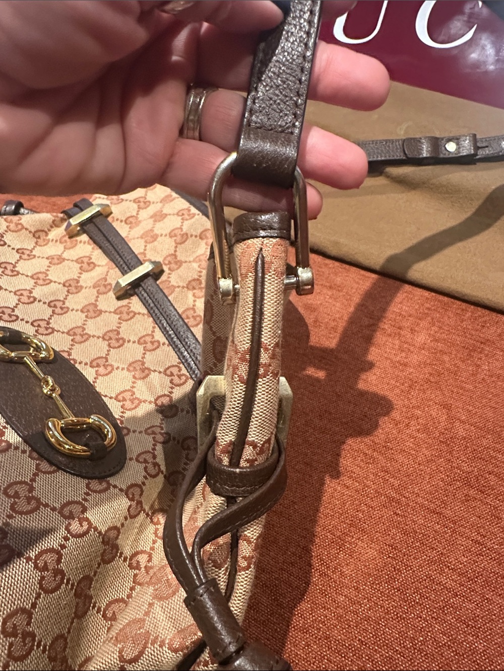Authentic Gucci Beige & Brown GG Supreme Shoulder Bag with Gold Horsebit - Picture 13 of 16
